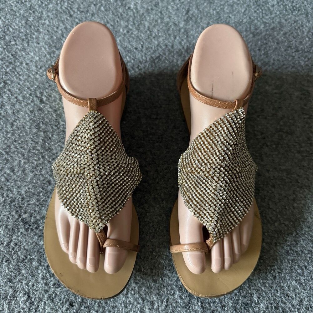 Lola Cruz Luanda Crystal Mesh Toe Ring Flat Sandals Brown Leather 37 Boho Bling
